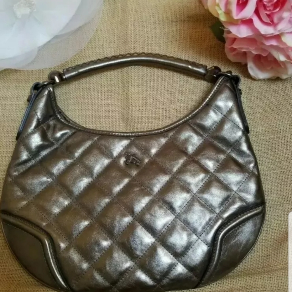 NWOT $1200 Burberry dark shiny silver leather bag
